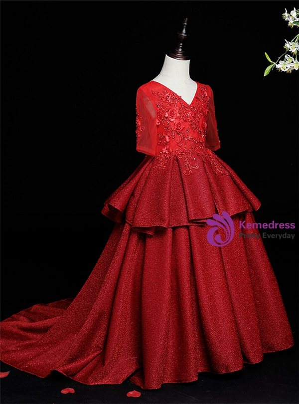 Elegance Burgundy V-neck Short Sleeve Appliques Flower Girl Dress