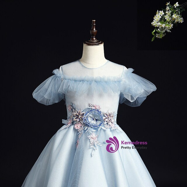 Hot Sale Sky Blue Hi Lo Puff Sleeve Appliques Flower Girl Dress