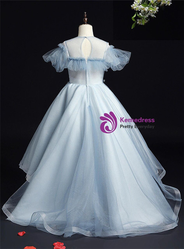 Hot Sale Sky Blue Hi Lo Puff Sleeve Appliques Flower Girl Dress