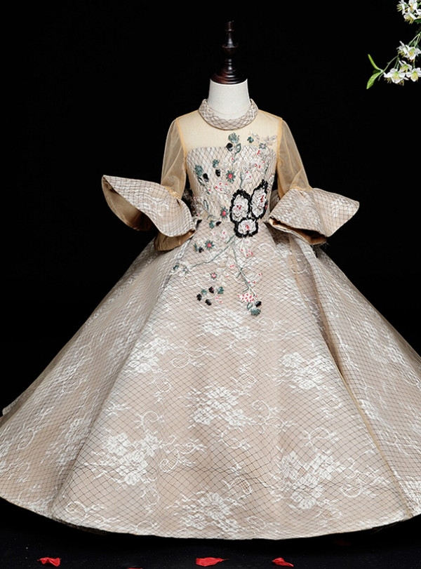 Champagne Tulle Lace Short Sleeve Embroidery Flower Girl Dress
