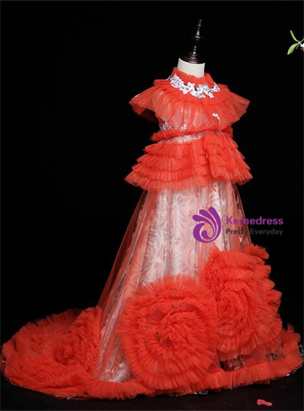 Impressive Red Tulle Tiers Scoop Appliques Flower Girl Dress