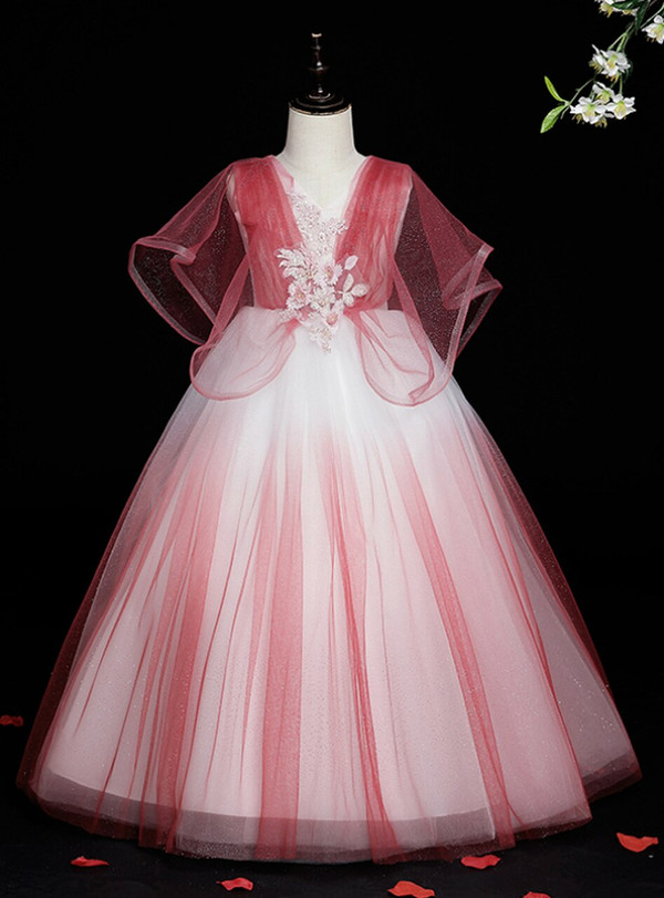 Red Tulle V-neck Appliques Bat Sleeve Flower Girl Dress