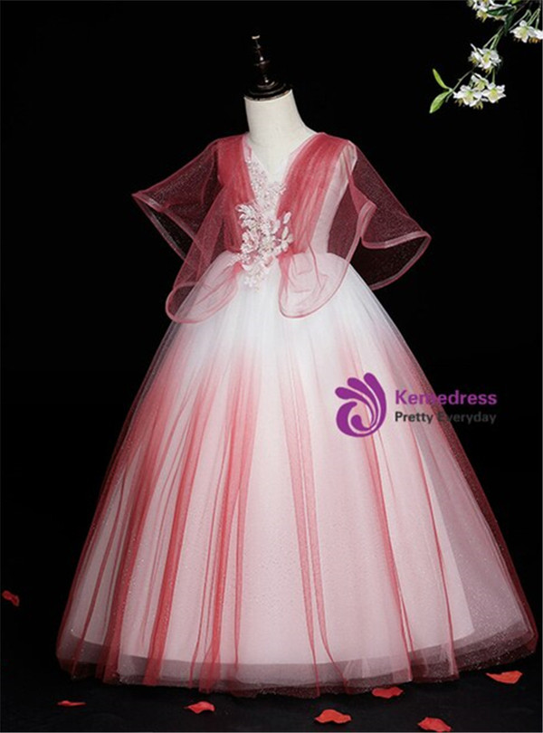 Red Tulle V-neck Appliques Bat Sleeve Flower Girl Dress