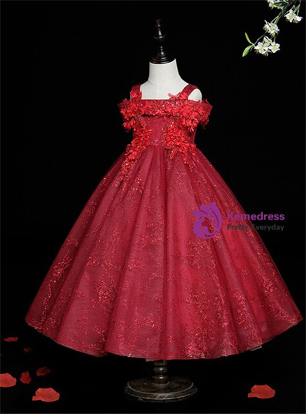 Burgundy Tulle Sequins Straps Appliques Flower Girl Dress