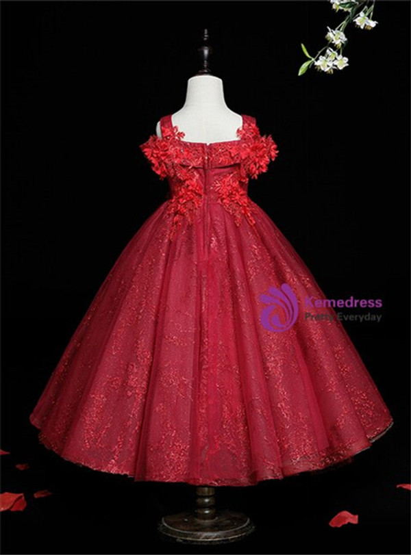 Burgundy Tulle Sequins Straps Appliques Flower Girl Dress