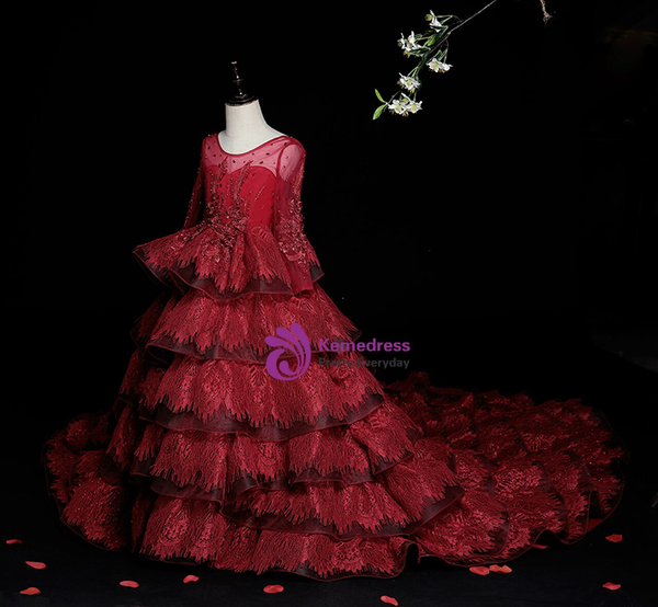 Burgundy Tulle Lace Long Sleeve Tiers Beading Flower Girl Dress