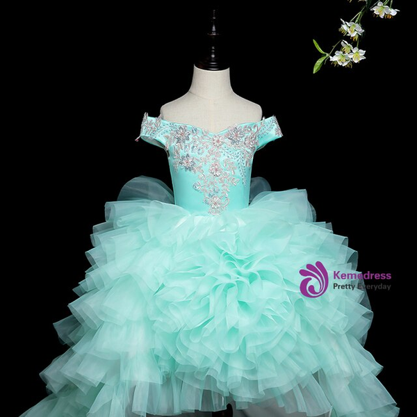 Glamorous Light Blue Hi Lo Tulle Off the Shoulder Appliques Flower Girl Dress