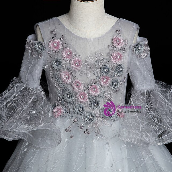 Classic Gray Tulle Short Sleeve Appliques Flower Girl Dress
