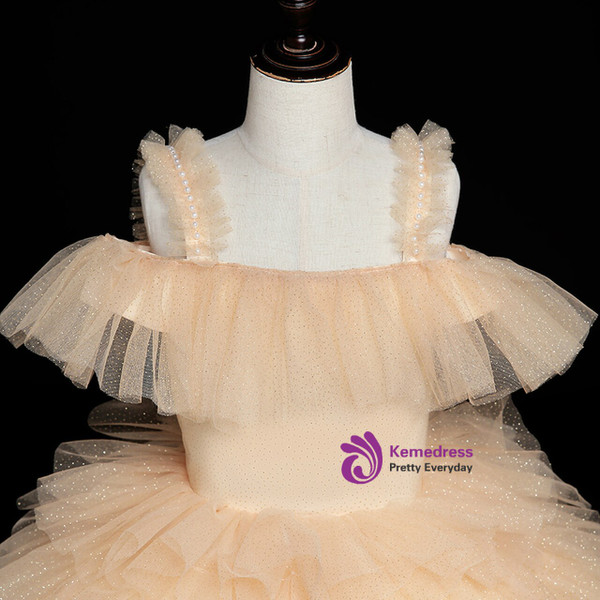 Gold Tulle Sequins Straps Tiers Pearls Princess Flower Girl Dress
