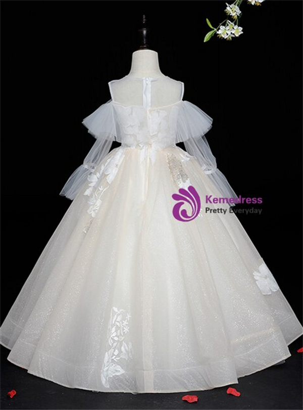 Champagne Tulle Appliques Long Sleeve Flower Girl Dress