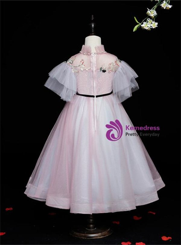 Pink Tulle High Neck Embroidery Puff Sleeve Flower Girl Dress