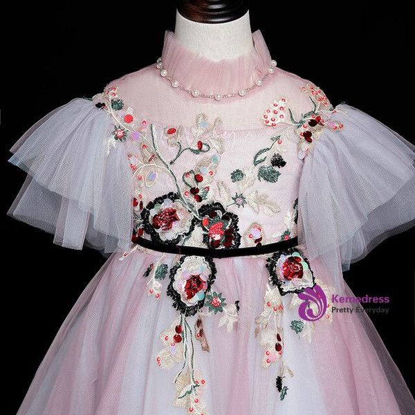 Pink Tulle High Neck Embroidery Puff Sleeve Flower Girl Dress