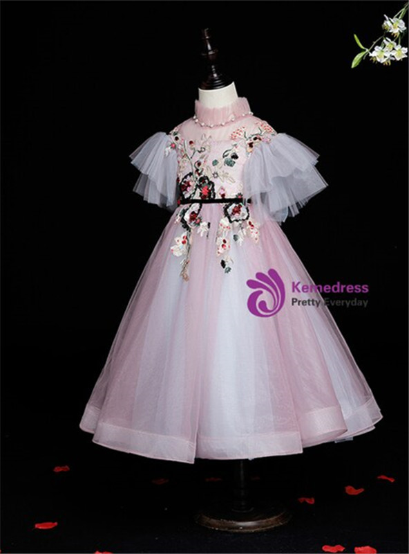 Pink Tulle High Neck Embroidery Puff Sleeve Flower Girl Dress