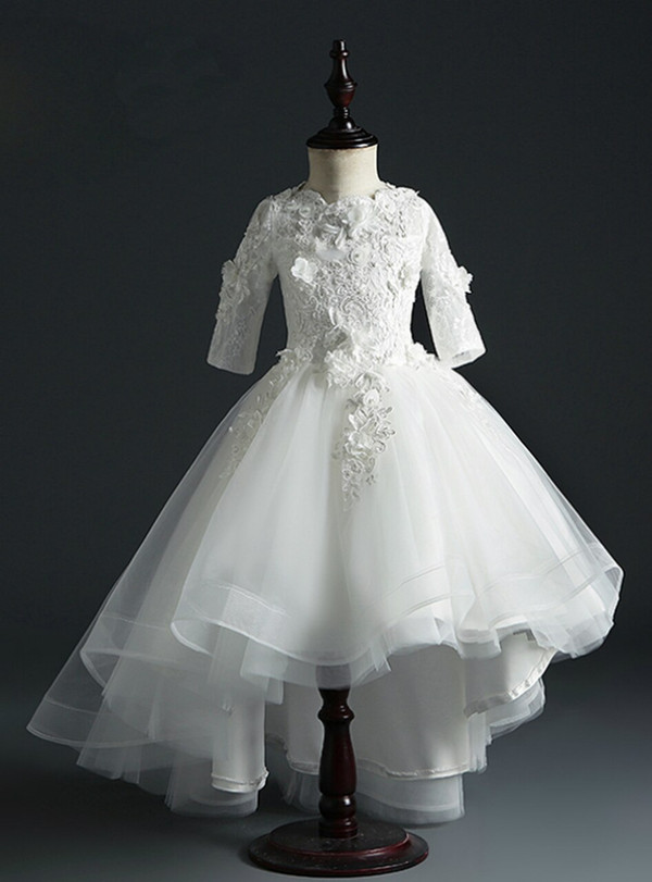 White Tulle Hi Lo Short Sleeve Appliques Flower Girl Dress