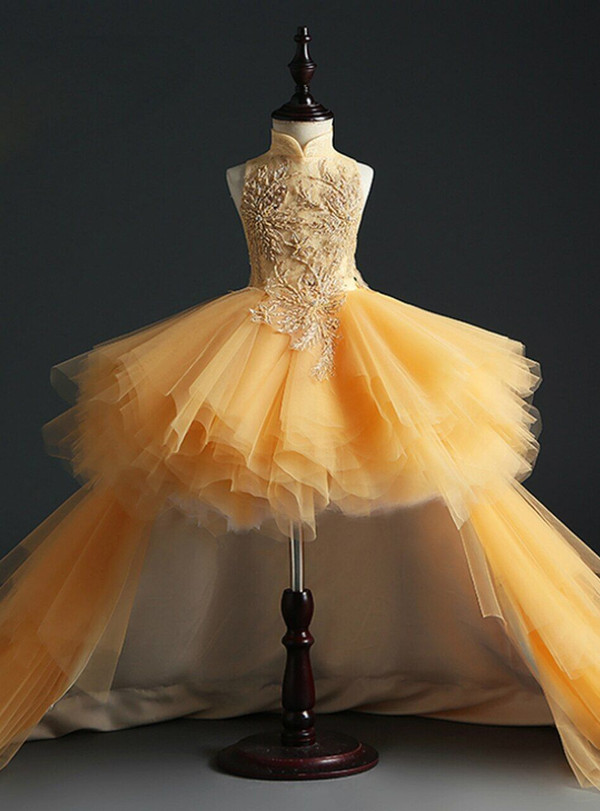 Gold  Hi Lo Tulle High Neck Appliques Flower Girl Dress