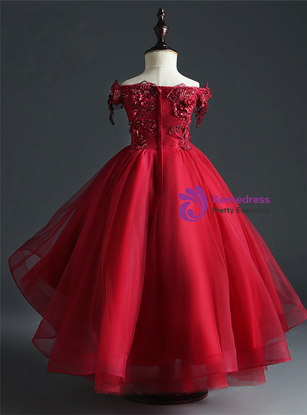 Burgundy Tulle Hi Lo Off the Shoulder Appliques Beading Flower Girl Dress