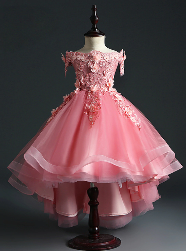 Pink Tulle Hi Lo Off the Shoulder Appliques Beading Flower Girl Dress