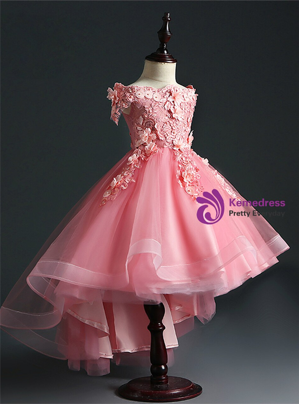 Pink Tulle Hi Lo Off the Shoulder Appliques Beading Flower Girl Dress