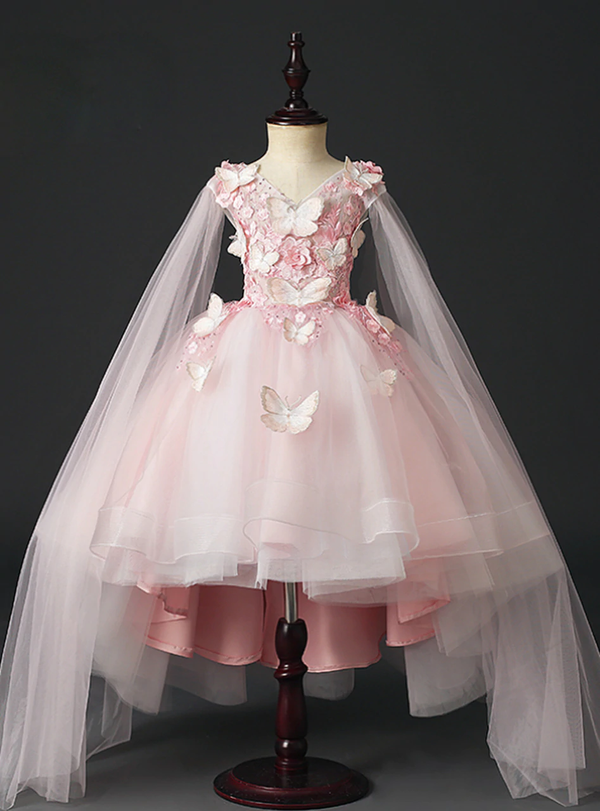 Pink Tulle Hi Lo V-neck Butterfly Appliques Flower Girl Dress
