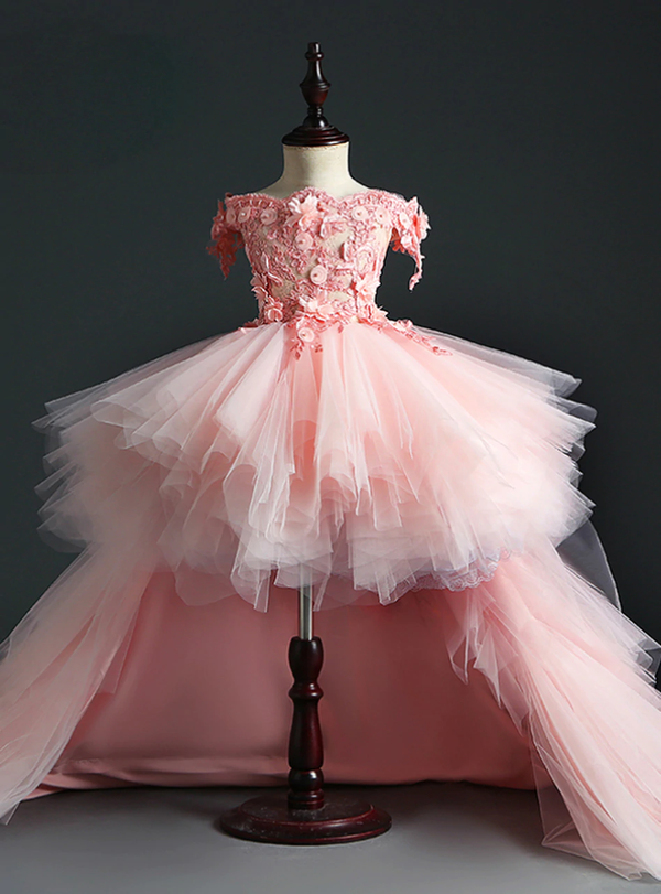 Pink Tulle Hi Lo Off the Shoulder Appliques Flower Girl Dress