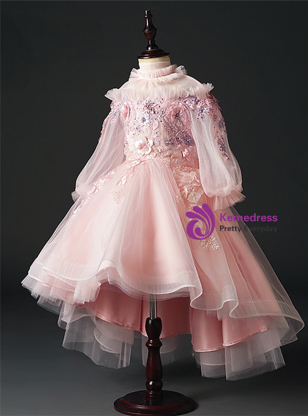 Pink Hi Lo Tulle High Neck Long Sleeve Appliques Flower Girl Dress