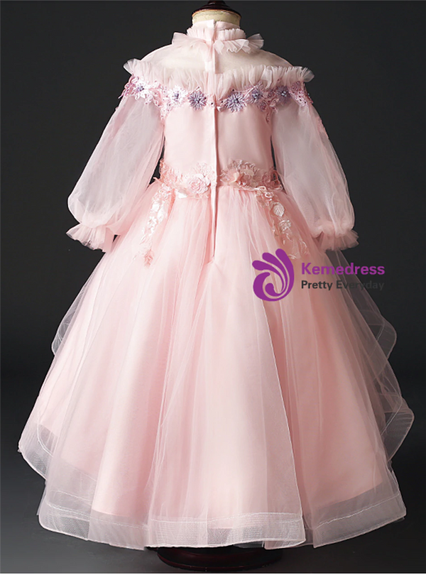 Pink Hi Lo Tulle High Neck Long Sleeve Appliques Flower Girl Dress
