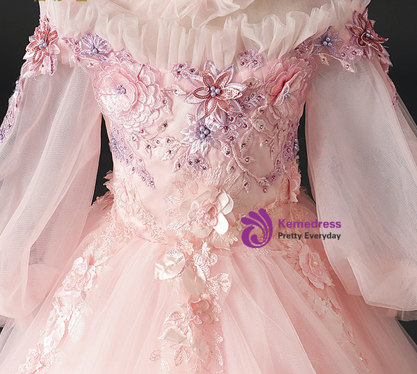 Pink Hi Lo Tulle High Neck Long Sleeve Appliques Flower Girl Dress