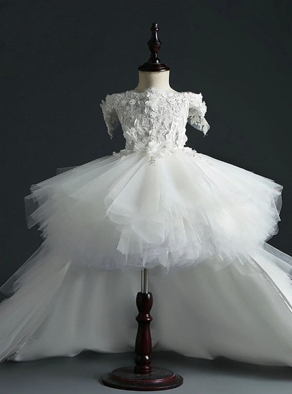 White Tulle Hi Lo Off the Shoulder Appliques Flower Girl Dress