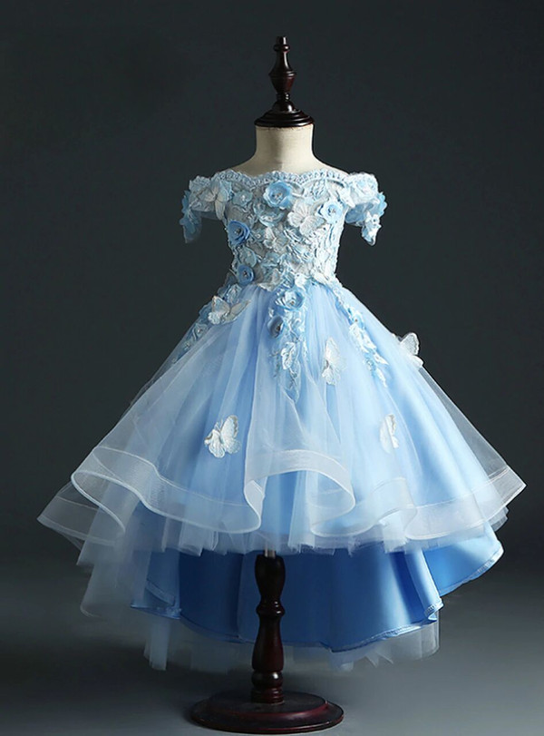 Sky Blue Tulle Hi Lo Off the Shoulder Appliques Beading Flower Girl Dress