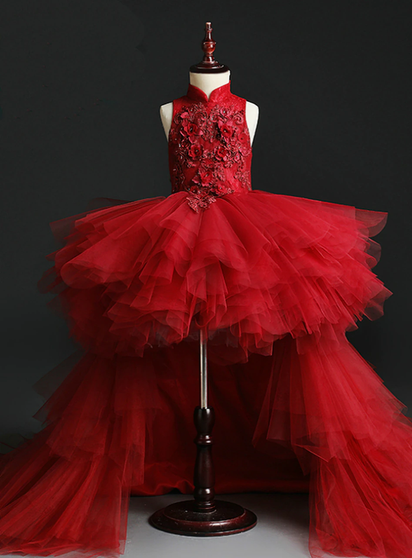 Burgundy Tulle High Neck Hi Lo Appliques Beading Flower Girl Dress