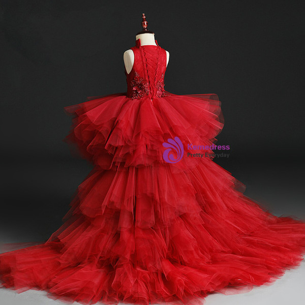 Burgundy Tulle High Neck Hi Lo Appliques Beading Flower Girl Dress