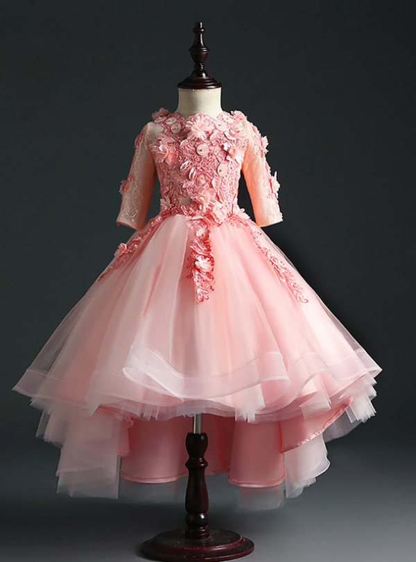 Princess Pink Hi Lo Tulle Short Sleeve Appliques Flower Girl Dress