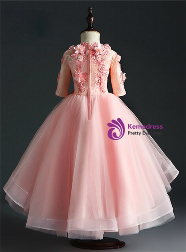Princess Pink Hi Lo Tulle Short Sleeve Appliques Flower Girl Dress