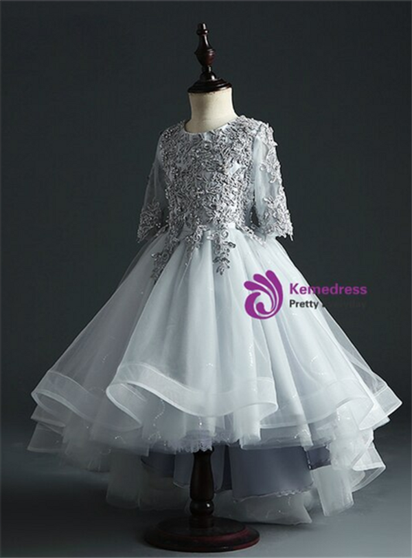 Gray Tulle Hi Lo Scoop Appliques Short Sleeve Flower Girl Dress