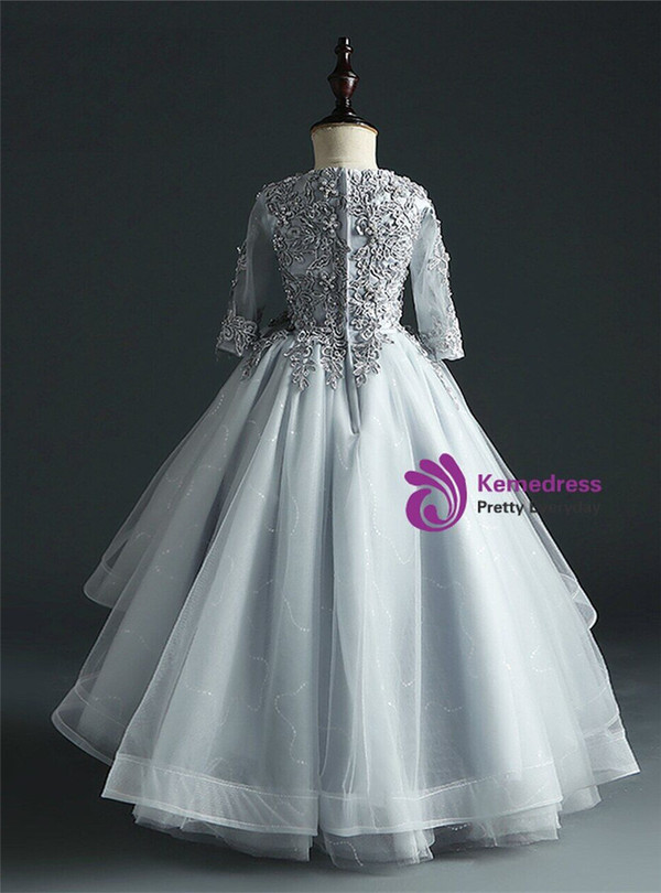 Gray Tulle Hi Lo Scoop Appliques Short Sleeve Flower Girl Dress