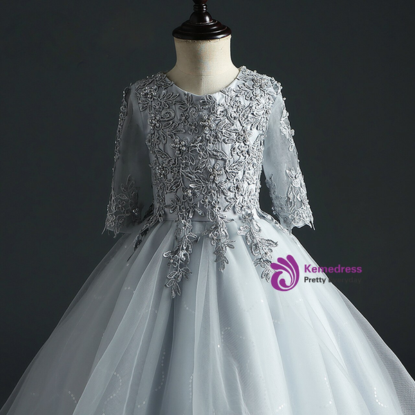 Gray Tulle Hi Lo Scoop Appliques Short Sleeve Flower Girl Dress