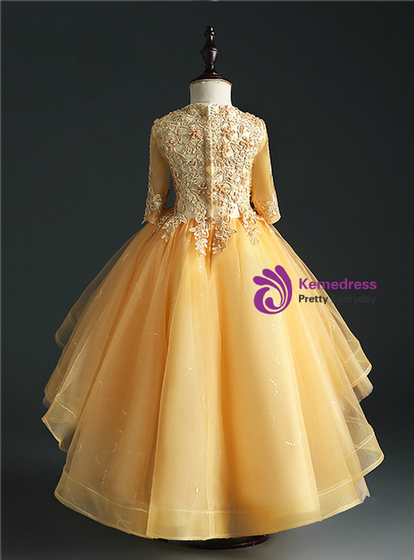 Gold Hi Lo Tulle Short Sleeve Appliques Beading Flower Girl Dress