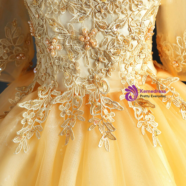 Gold Hi Lo Tulle Short Sleeve Appliques Beading Flower Girl Dress