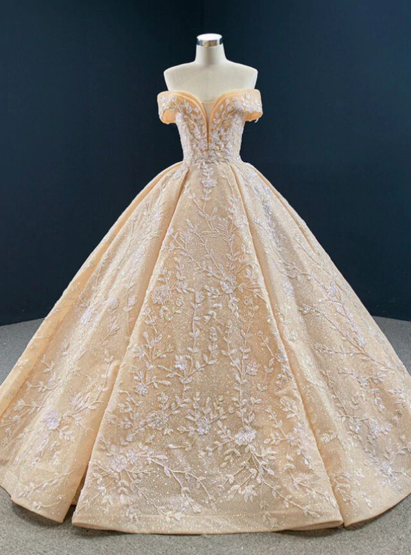 Luxury Gold Sequins Beading Off the Shoulder Prom Dress