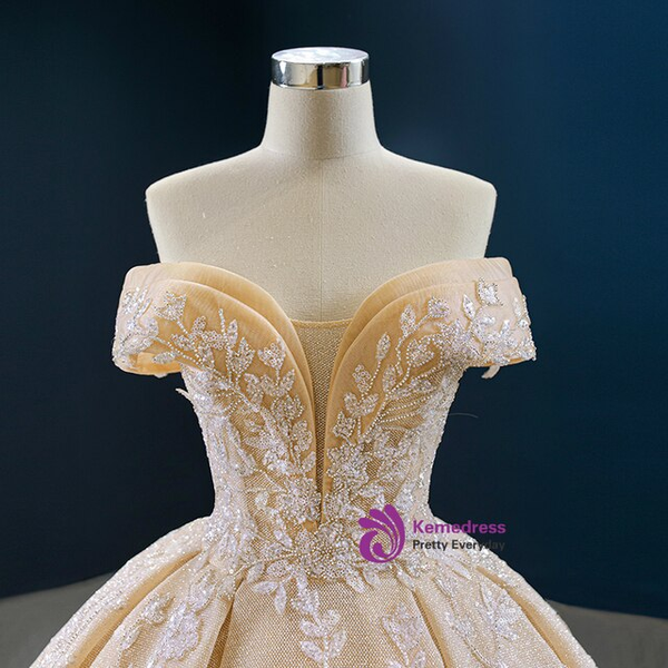 Luxury Gold Sequins Beading Off the Shoulder Prom Dress
