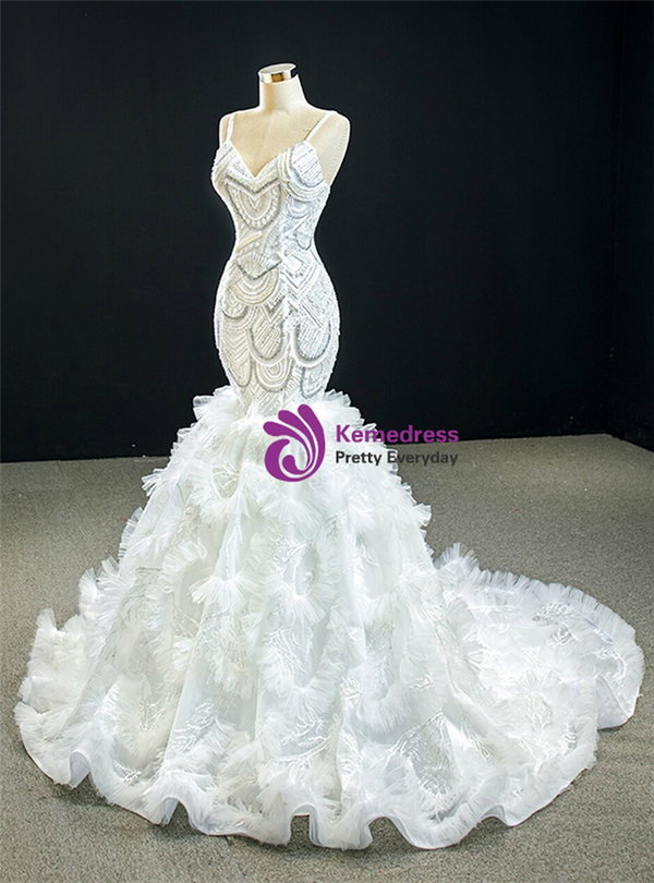 Sexy White Mermaid Tulle Spagehtti Straps Beading Sequins Prom Dress