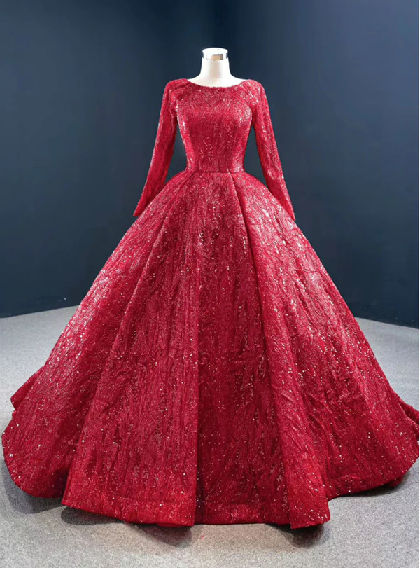 Princess Red Sequins Long Sleeve Formal Prom Dress