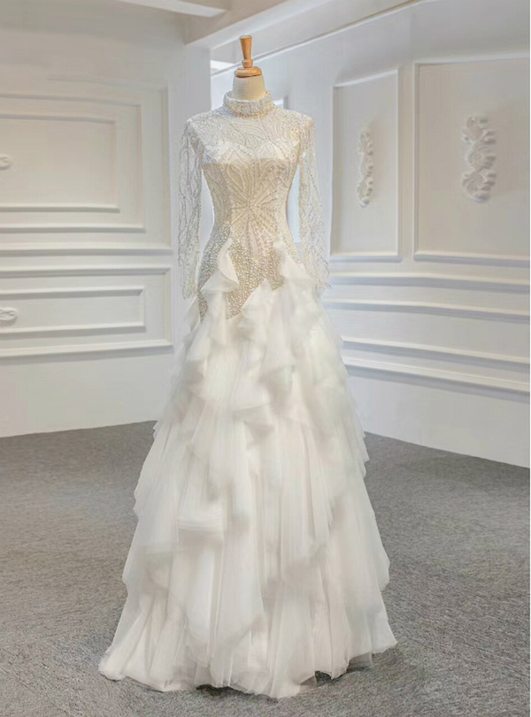 White Tulle High Neck Long Sleeve Backless Beading Pearls Wedding Dress