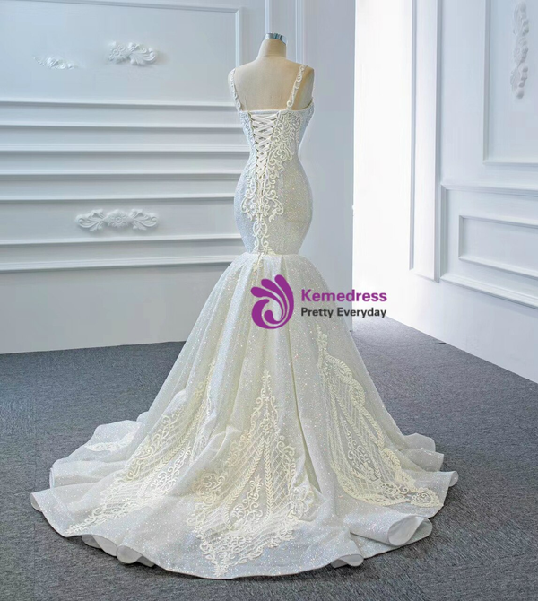 Sexy White Mermaid Sequins V-neck Appliques Beading Wedding Dress