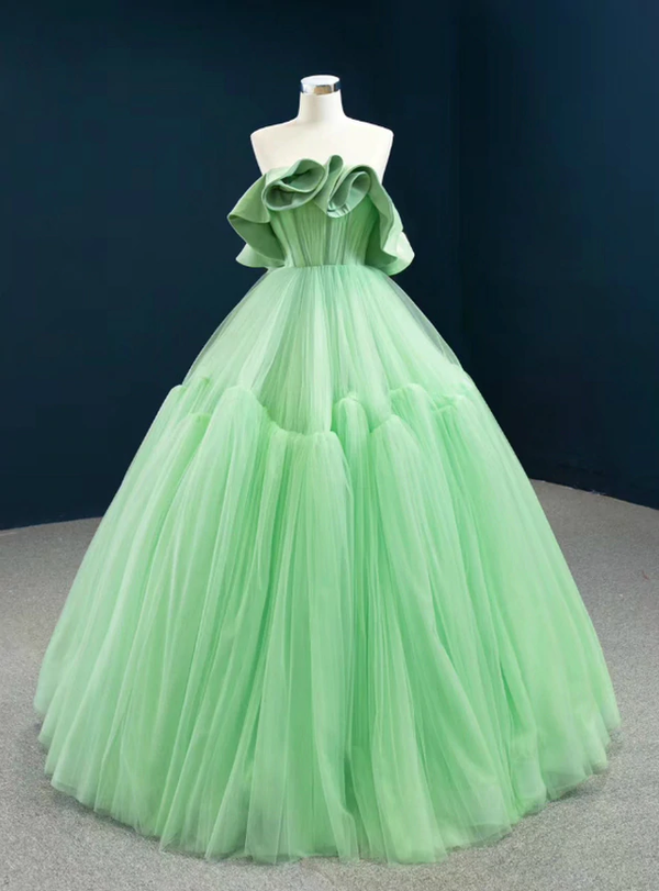 Green Ball Gown Tulle Strapless Ruffles Pleats Prom Dress