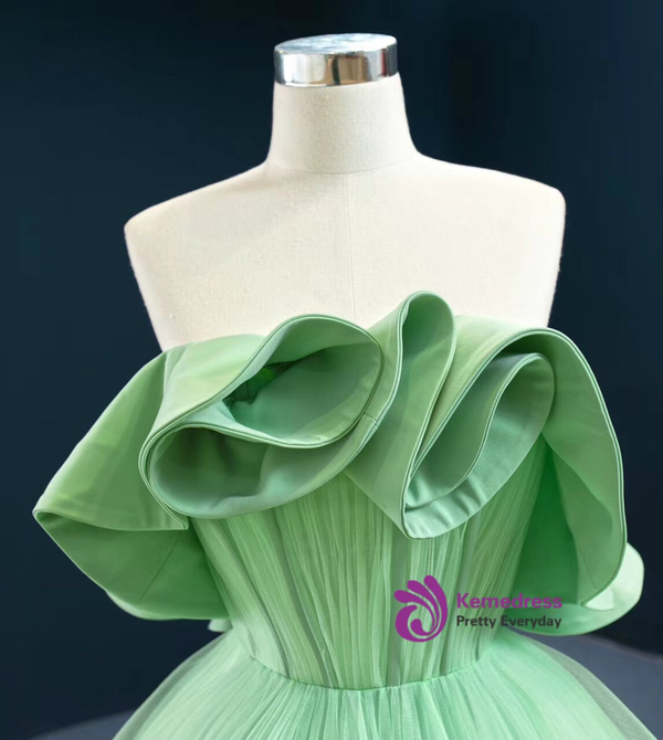 Green Ball Gown Tulle Strapless Ruffles Pleats Prom Dress
