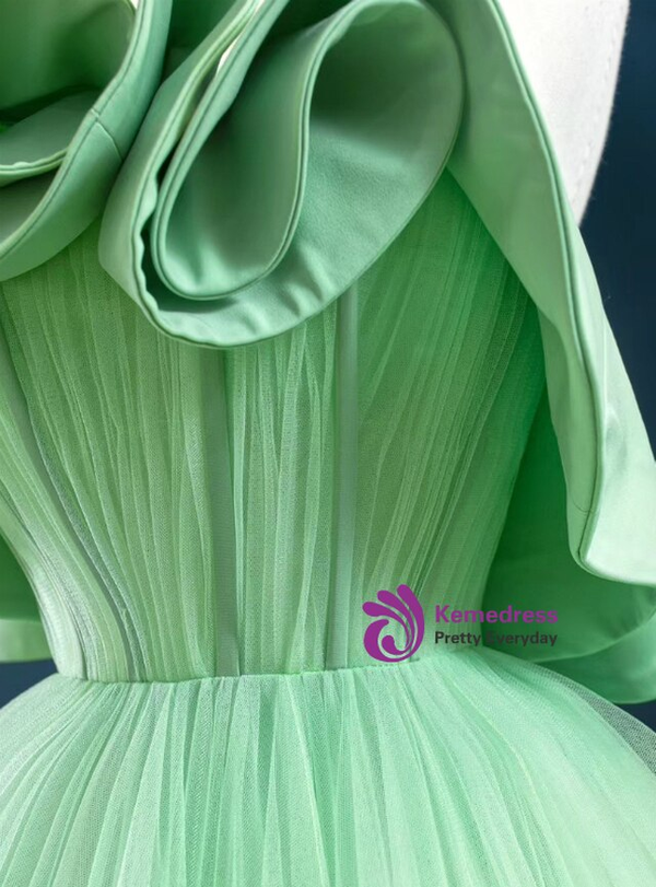 Green Ball Gown Tulle Strapless Ruffles Pleats Prom Dress