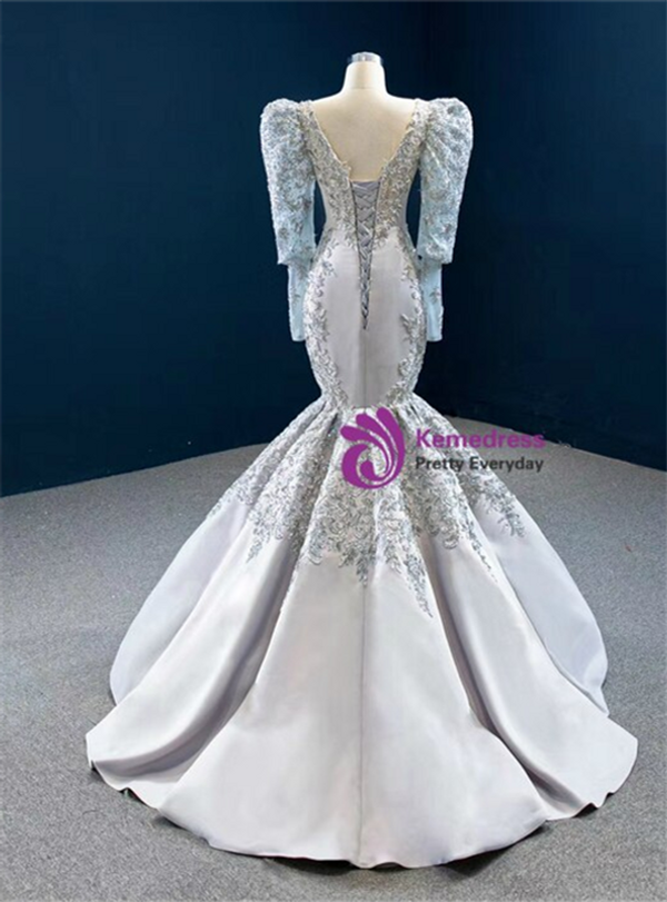 Fashion Silver Gray Mermaid Long Sleeve Appliques Beading Prom Dress