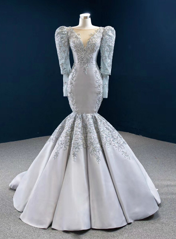 Fashion Silver Gray Mermaid Long Sleeve Appliques Beading Prom Dress