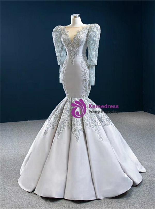 Fashion Silver Gray Mermaid Long Sleeve Appliques Beading Prom Dress